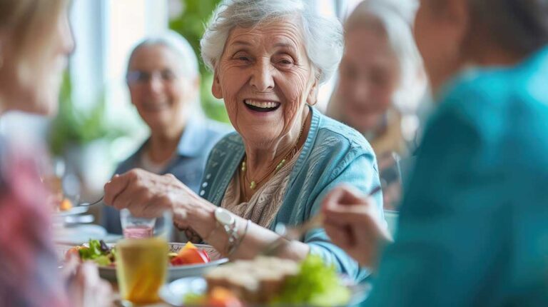 A senior sits with a family member reviewing documents together at a kitchen table with a notepad and calendar.